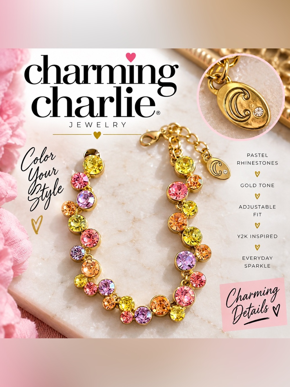 Charming Charlie Gold Tone Multicolor Crystal Rhinestone Bracelet Y2K